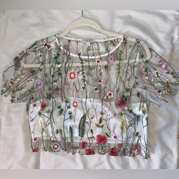 Mendocino Tops - MENDOCINO • cropped mesh blouse with floral decal and built-in bandeau